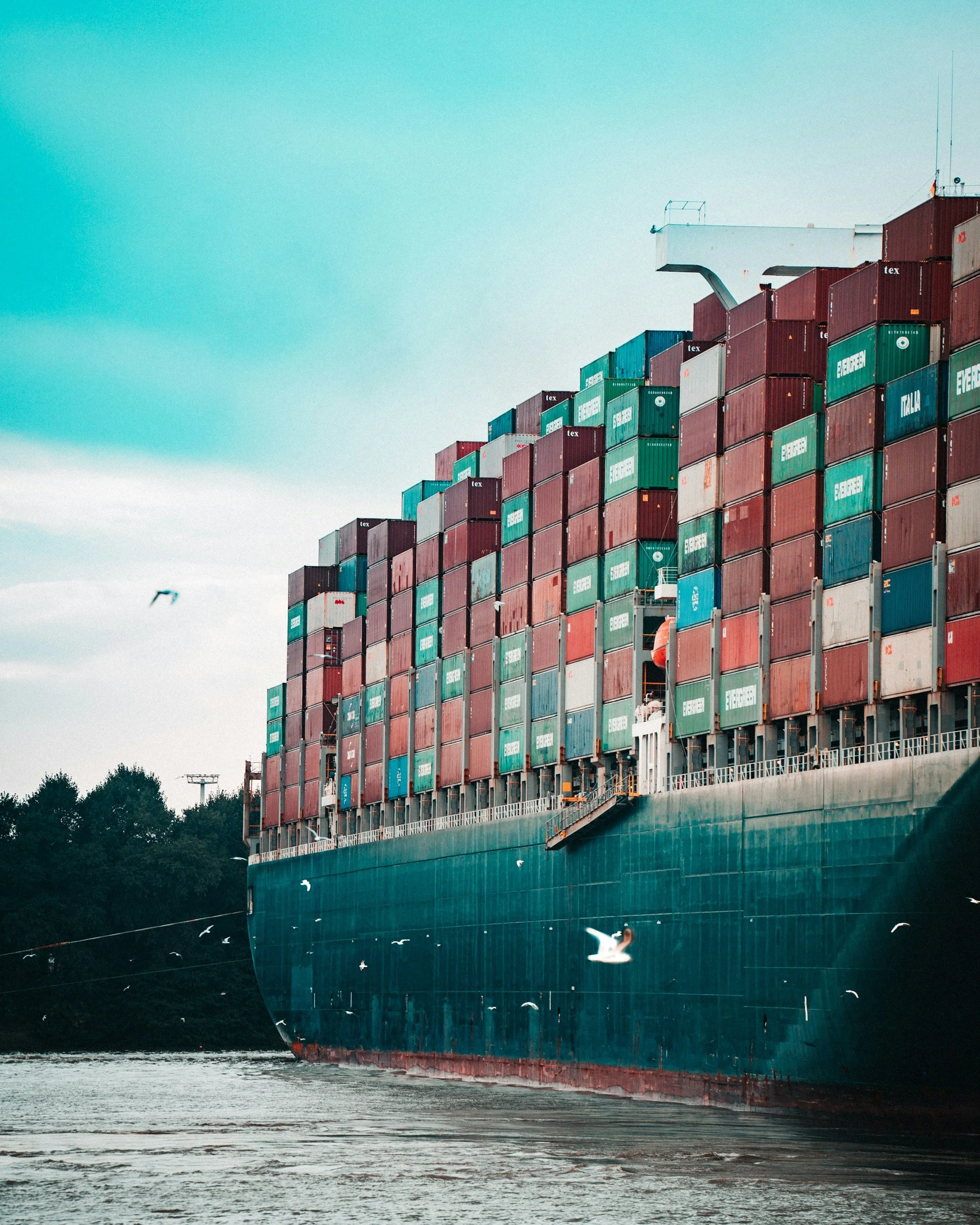 A large cargo ship with stacked shipping containers on its deck, floating on a river or waterway with birds flying nearby, under an overcast sky.
