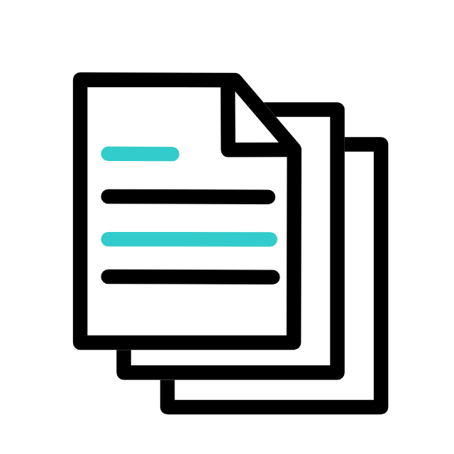 Icon of three layered documents or sheets of paper, with some lines indicating text, in black outline with cyan highlights.