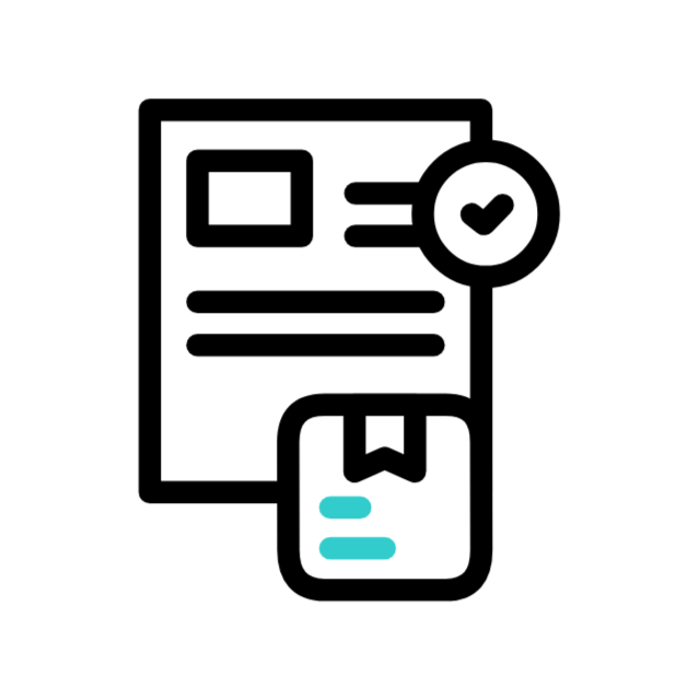 Icon of a certificate, a check mark in a circle, and a mobile device with a ticket or document.