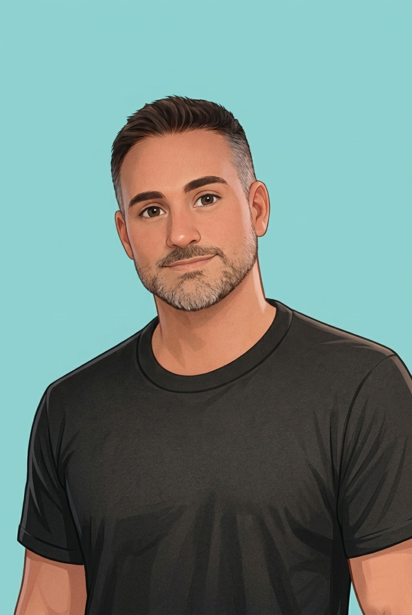 A digital illustration of a man with short brown hair, light beard, wearing a black t-shirt, standing against a light blue background.