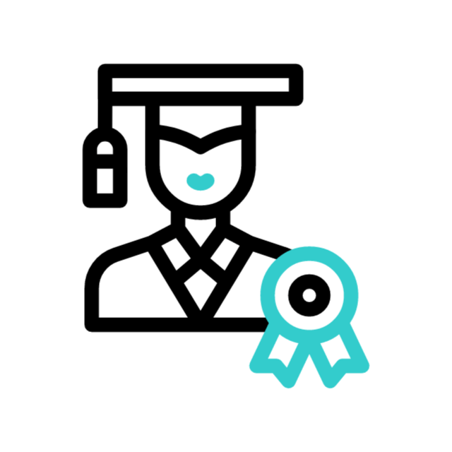 Icon of a graduate wearing a cap and gown with a diploma, and a blue ribbon award.