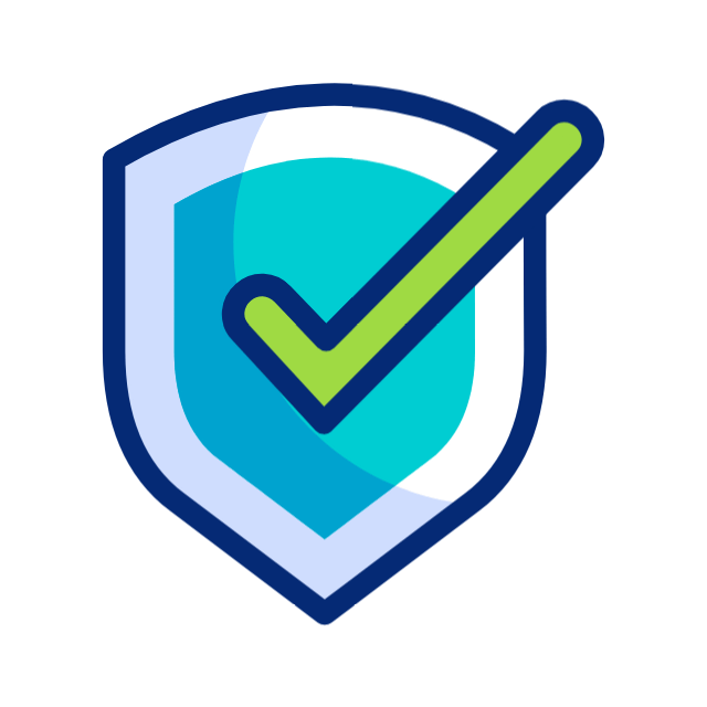 Shield with blue and light blue sections and a green checkmark overlay
