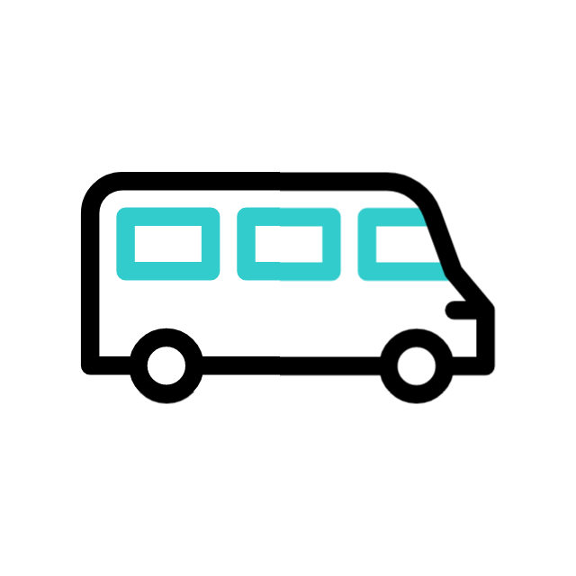 Graphic of a bus with three windows, outlined in black with light blue windows, on a white background.