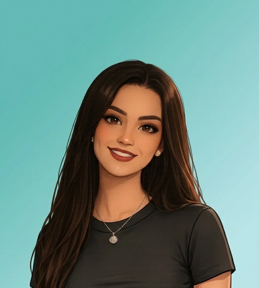 Portrait of a young woman with long brown hair, wearing makeup, a black t-shirt, and a silver necklace, smiling against a gradient blue background.