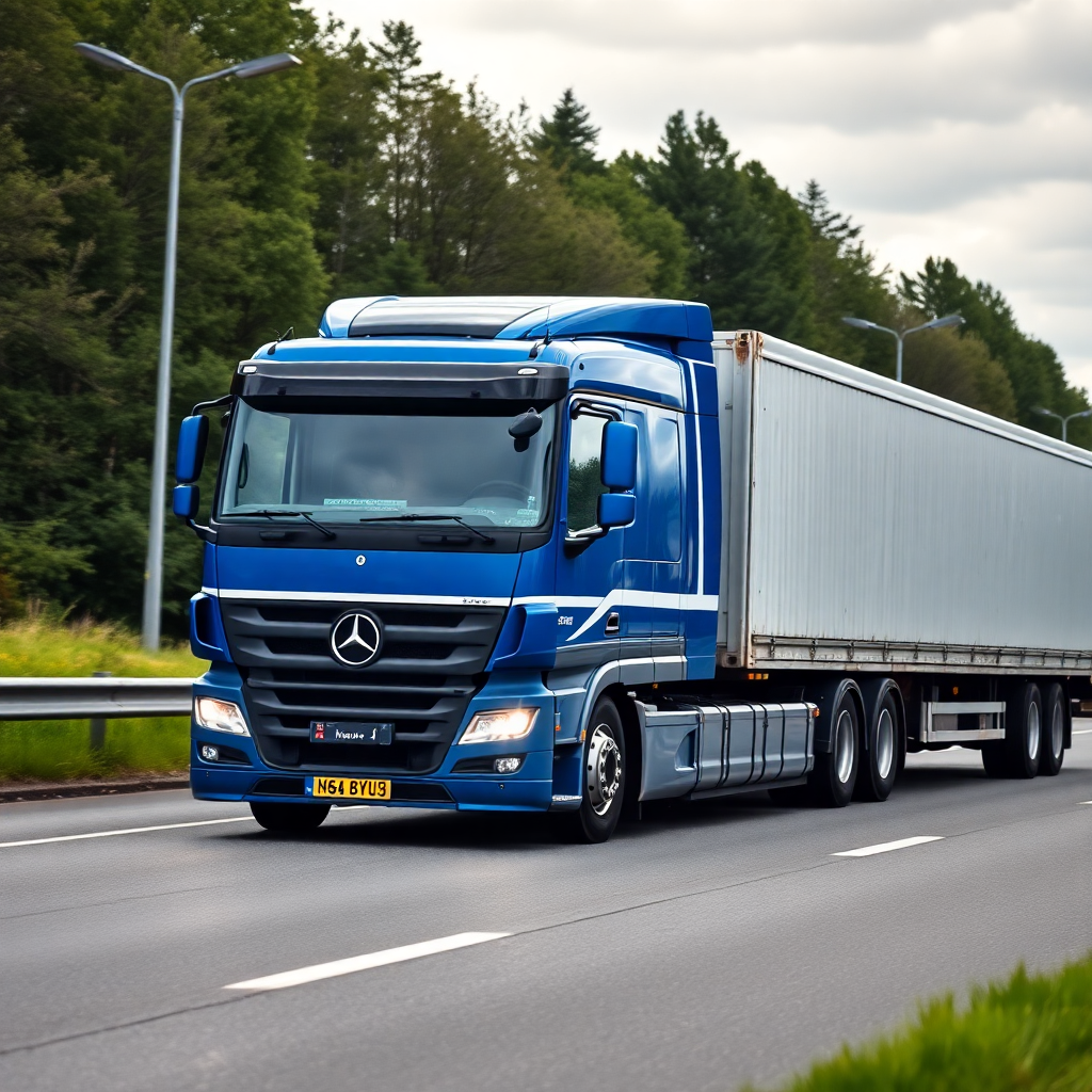 A blue Mercedes-Benz semi-truck driving on a highway with a gray cargo trailer, green trees, and cloudy sky in the background.