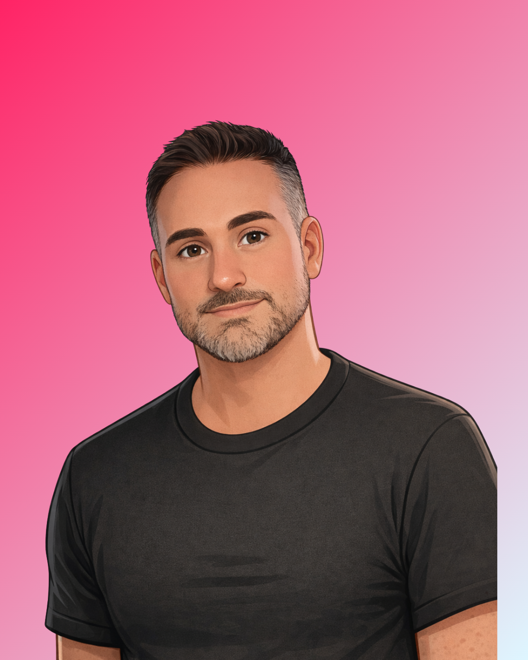 A man with short dark hair, a beard, and light skin, wearing a black t-shirt, standing against a pink gradient background.