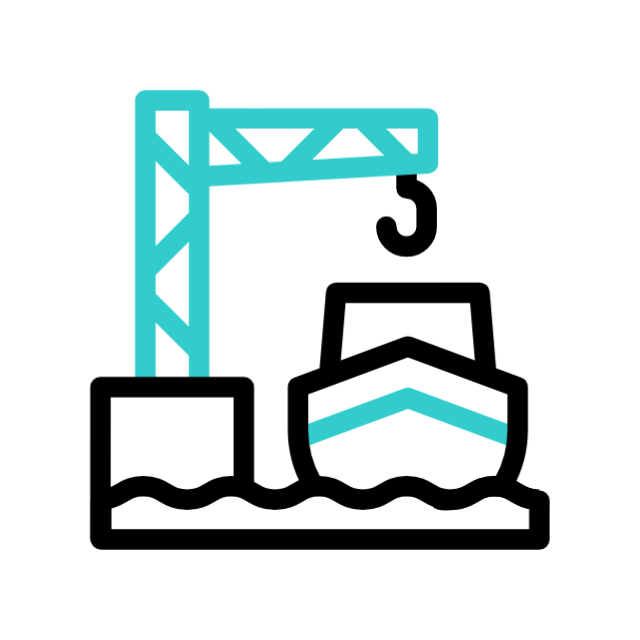 Outline icon of a boat next to a dock with a crane above, set on water.