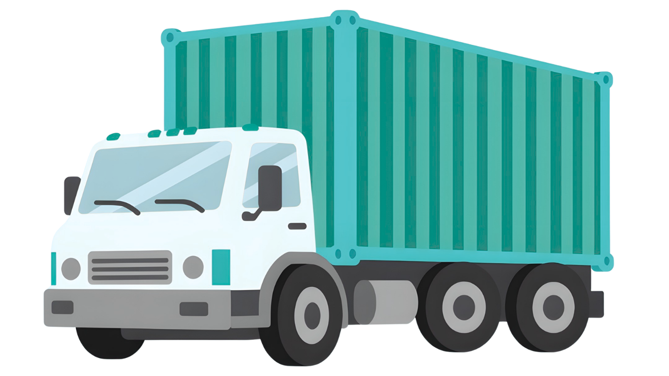 Illustration of a white delivery truck with a teal cargo container on the back.