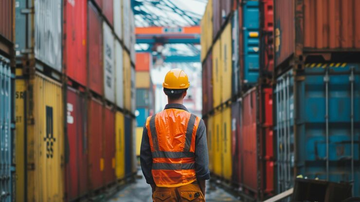 A worker in a yellow hard hat and orange safety vest stands in a shipping container yard at a port, with stacked shipping containers on either side.