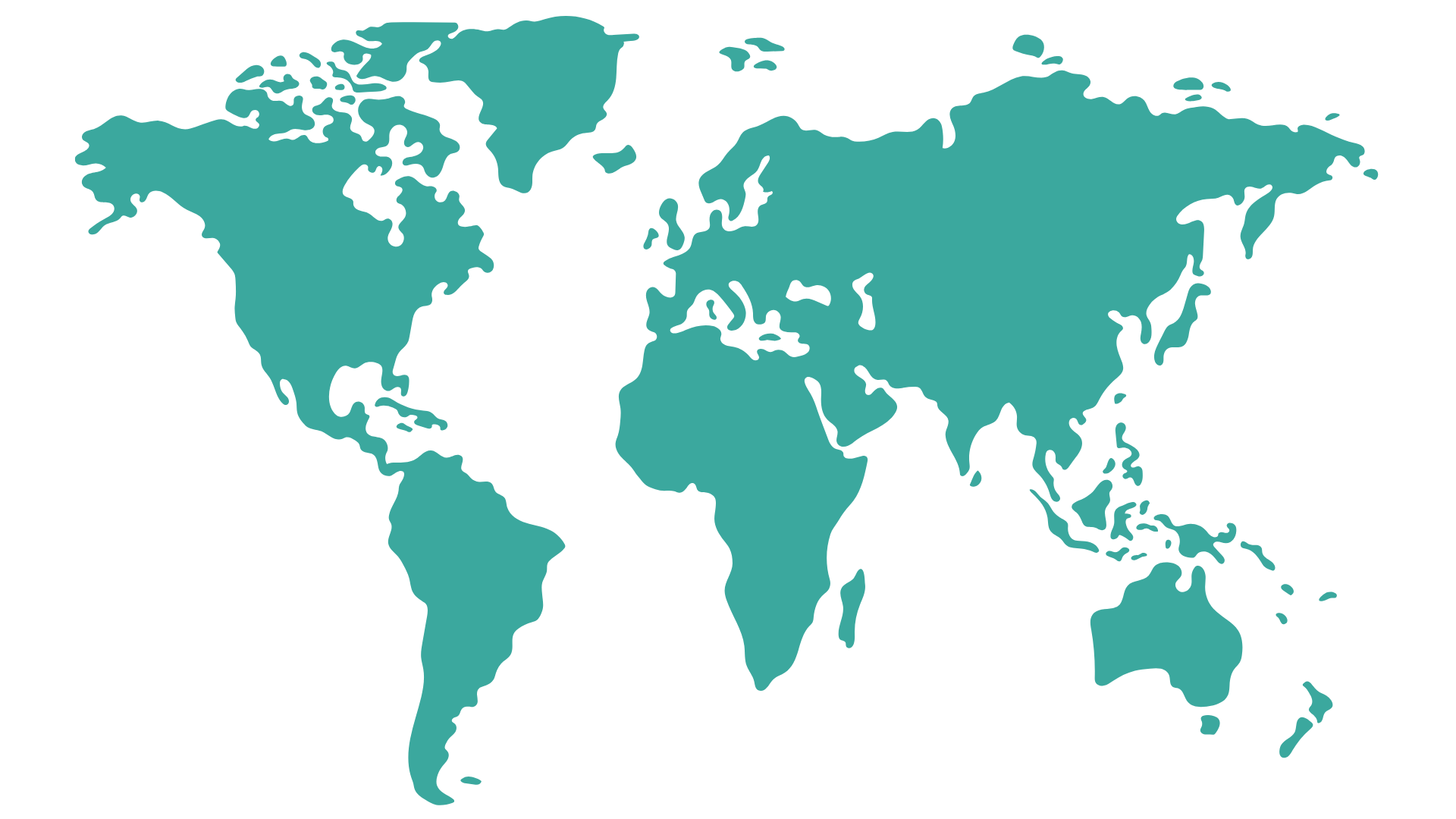 A simplified world map showing continents in teal color on a black background.