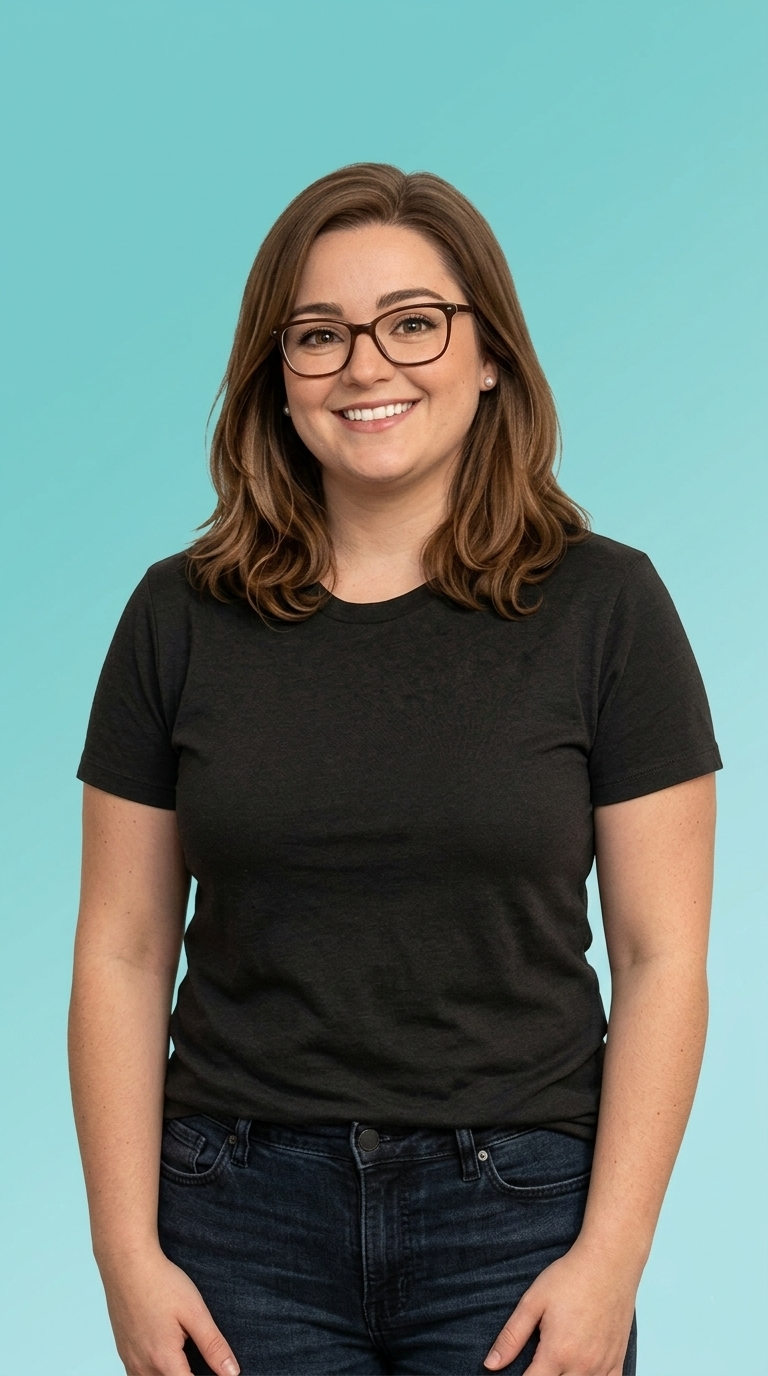 A young woman with shoulder-length brown hair, glasses, and earrings, smiling while wearing a black T-shirt and dark jeans against a light blue background.