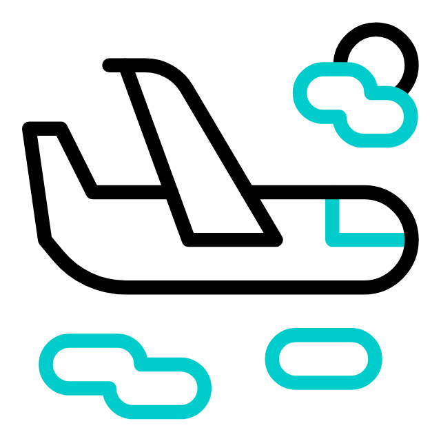 Line drawing of an airplane with clouds around it.
