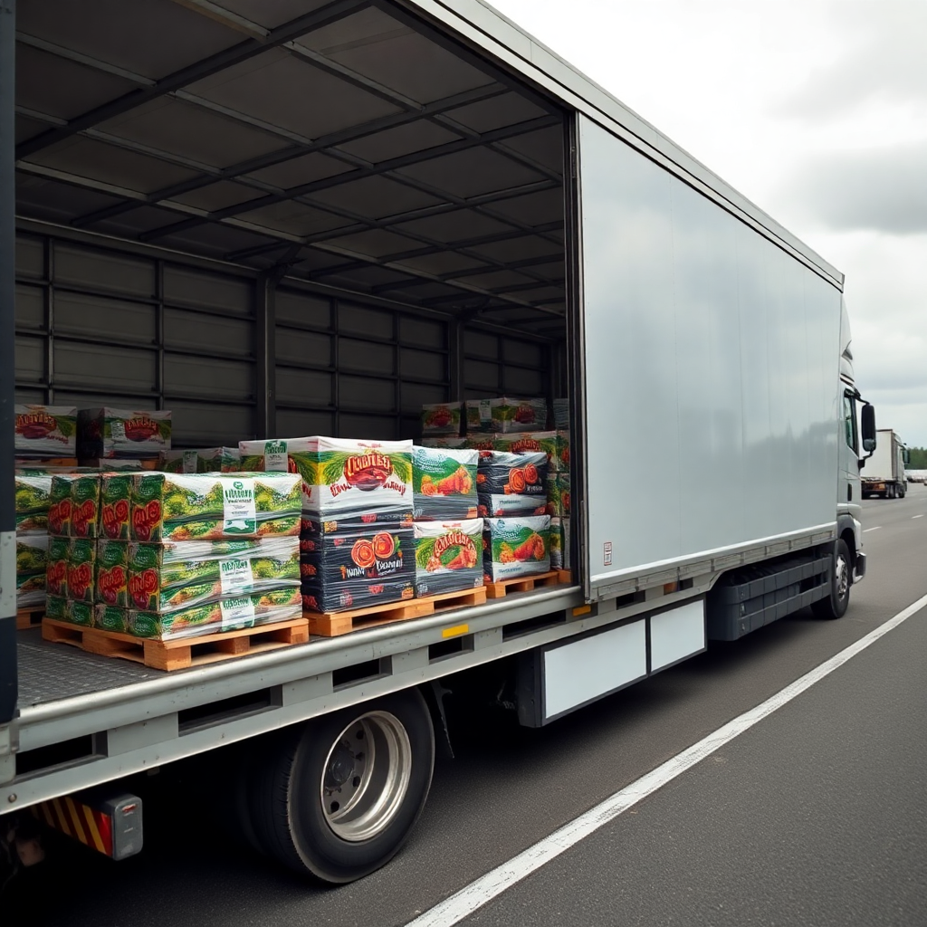 A delivery truck with its side open, showing pallets stacked with boxes of vegetables inside, parked on the side of a highway.
