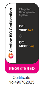 Certification label indicating ISO 9001 and ISO 14001 certifications from 2015, registered in the Citation ISO Certification system.