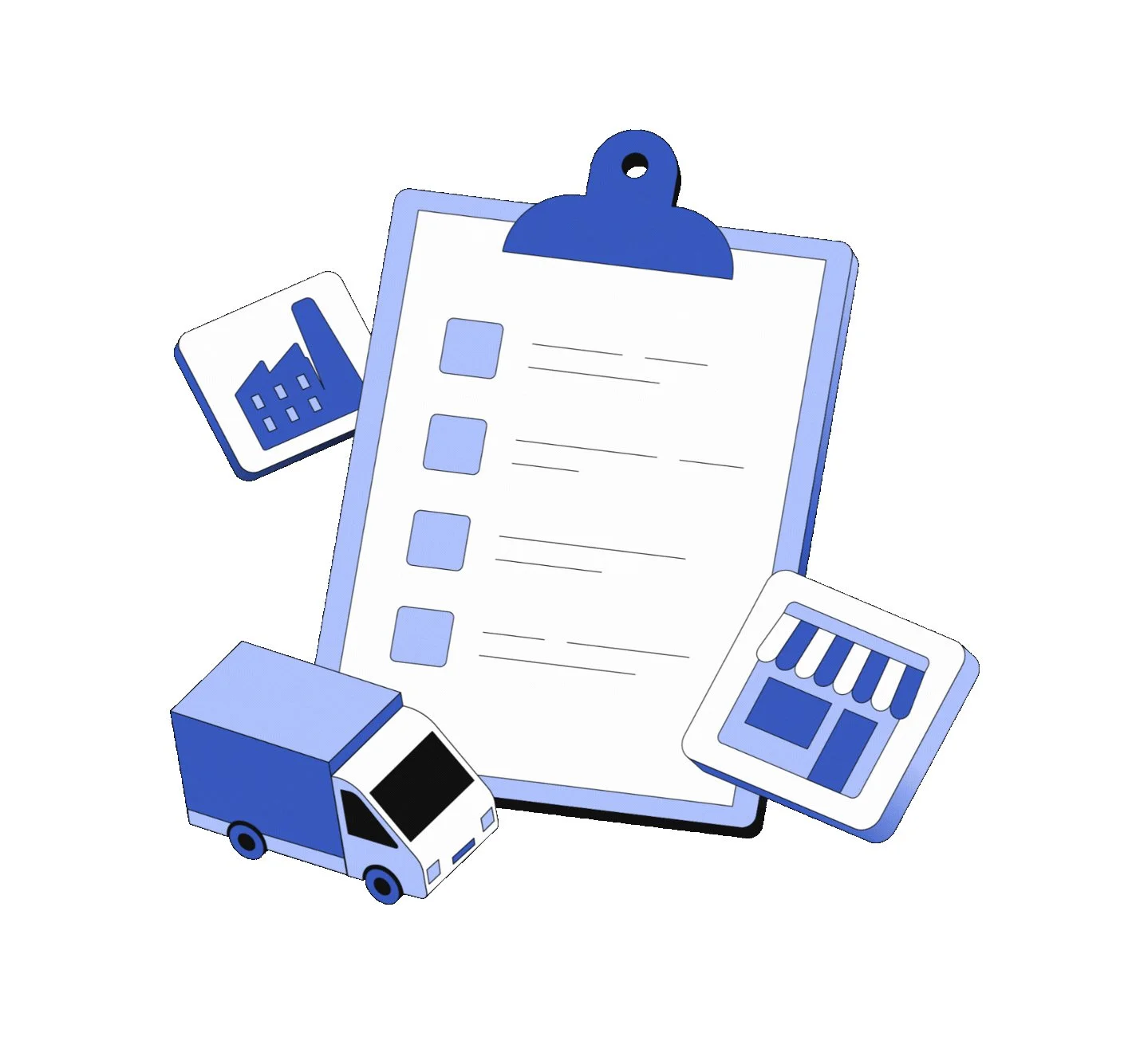 Illustration of a clipboard with documents, a delivery truck, and icons of a store and a warehouse.