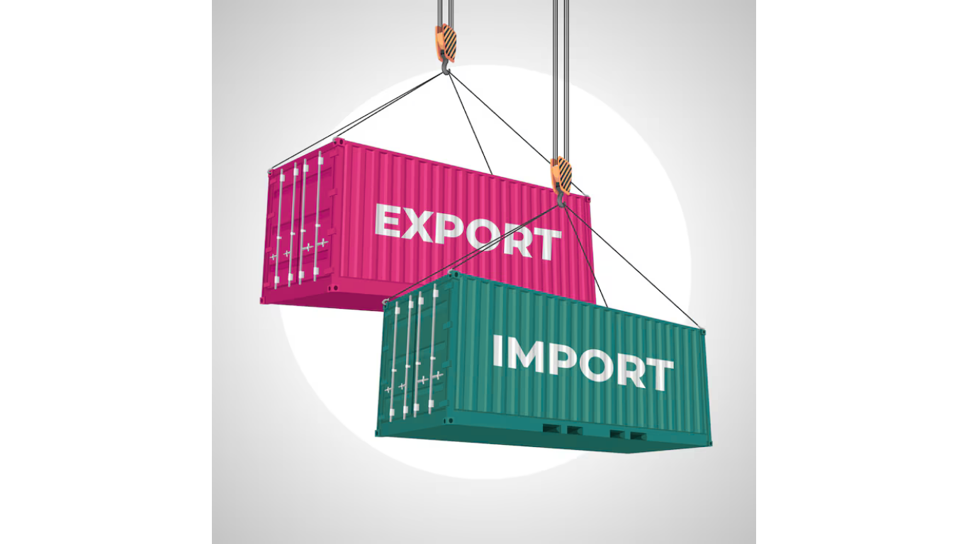 Two shipping containers, one pink labeled 'EXPORT' and one green labeled 'IMPORT,' are being lifted by a crane.