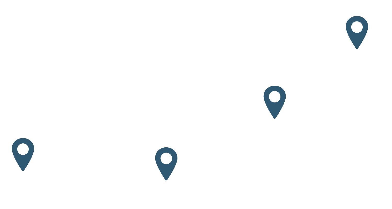 A black background with white dashed lines connecting four blue map pins, illustrating a travel route or path.
