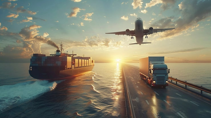 A large cargo ship sailing in the ocean, a commercial airplane flying overhead, and a truck driving on a bridge at sunset.