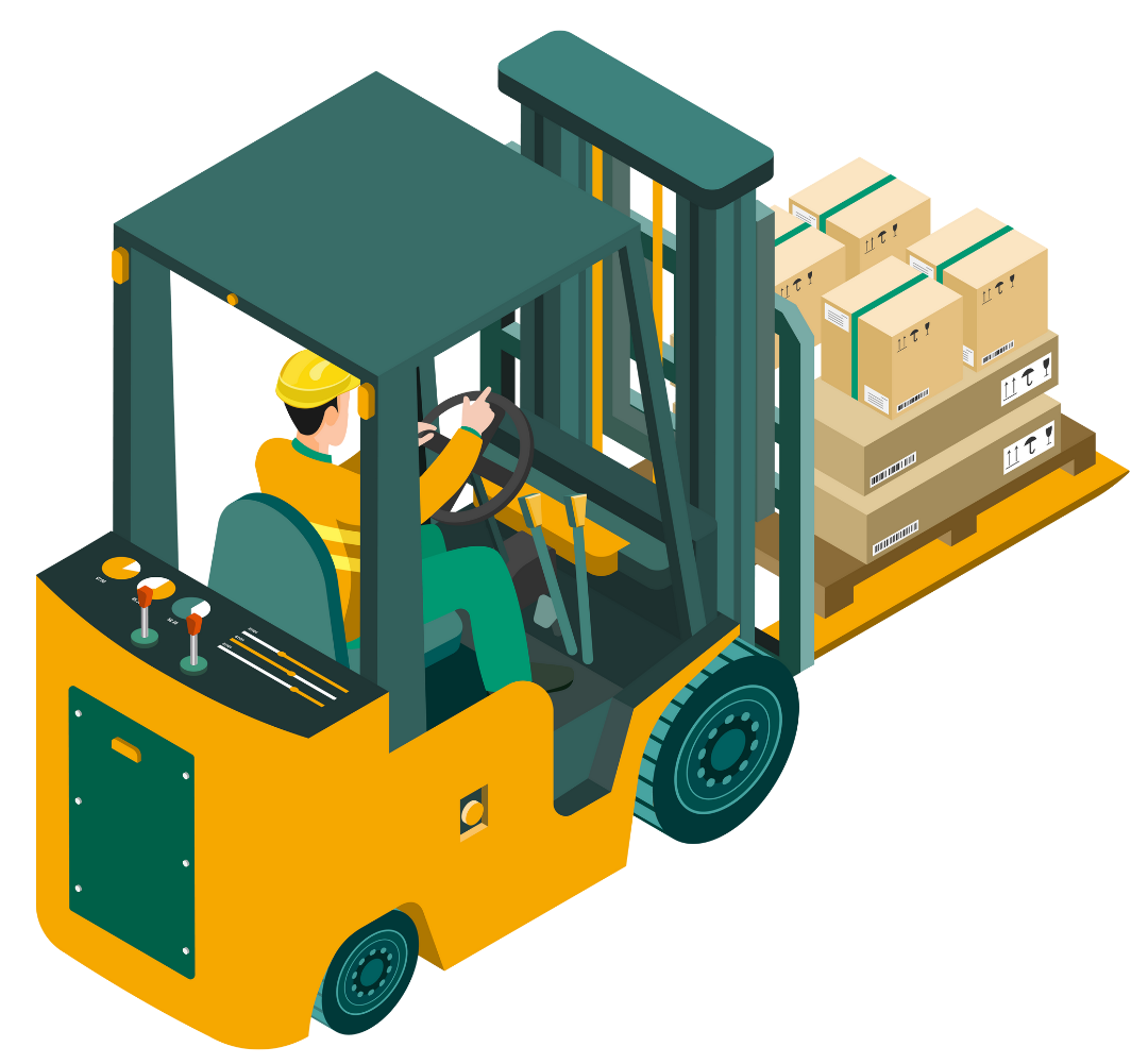 An forklift operator wearing a yellow helmet and orange shirt driving a yellow forklift loaded with cardboard boxes on a pallet.