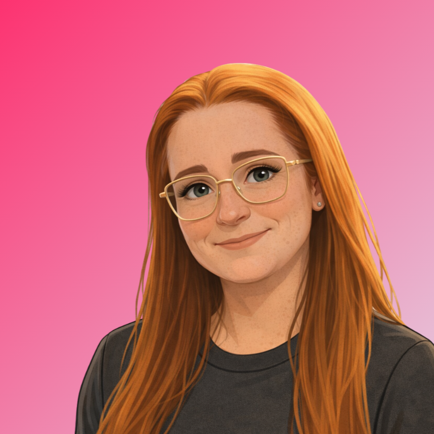 Digital illustration of a young woman with long red hair, glasses, earrings, in a black shirt, smiling against a pink background.