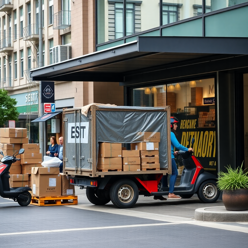 A delivery person riding a scooter with a cargo box loaded with boxes, parked on a city street in front of a storefront, with cardboard boxes placed on a pallet nearby, and two pedestrians walking on the sidewalk.
