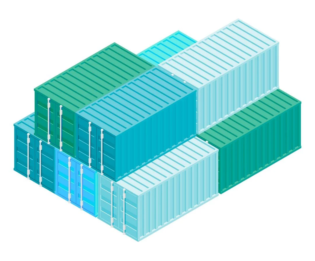 Isometric illustration of stacked shipping containers in various shades of blue and green.