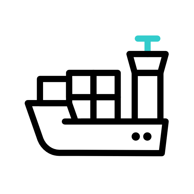 Black outline of a cargo ship with containers and a bridge tower
