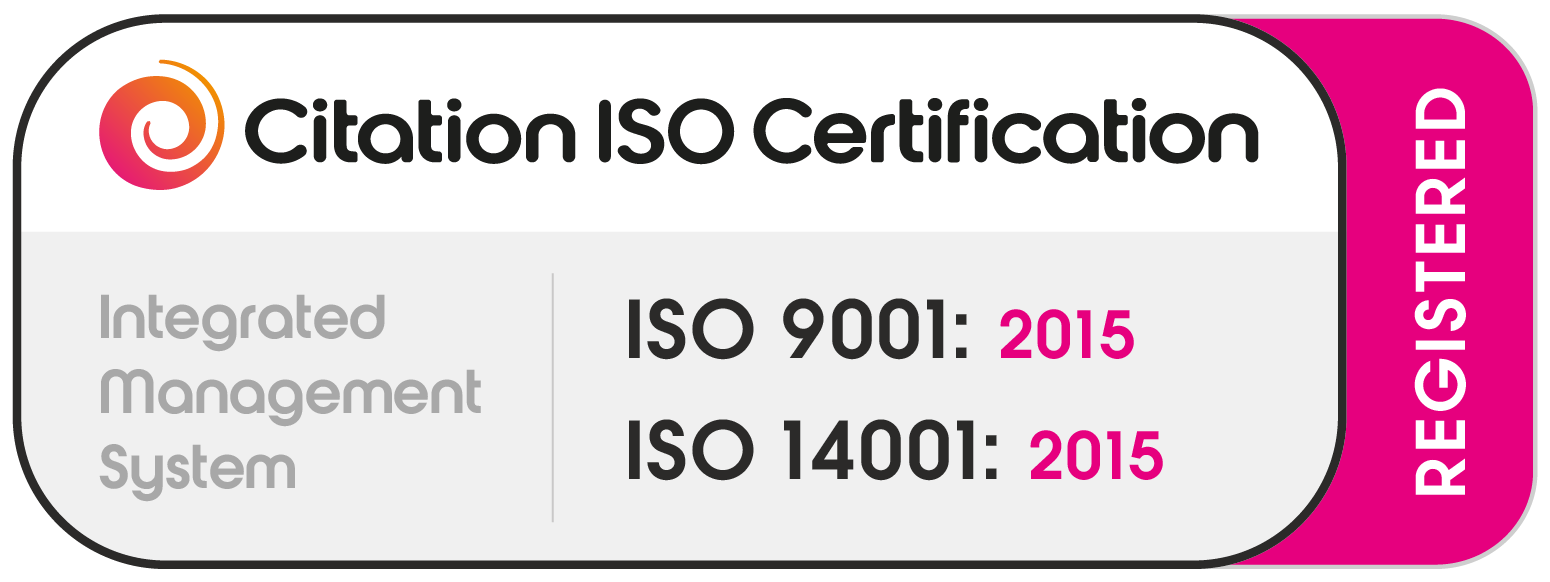 A certification badge with the logo of Citation ISO Certification, stating it is registered. It confirms the organization has an integrated management system compliant with ISO 9001: 2015 and ISO 14001: 2015 standards, with a pink section indicating registration.