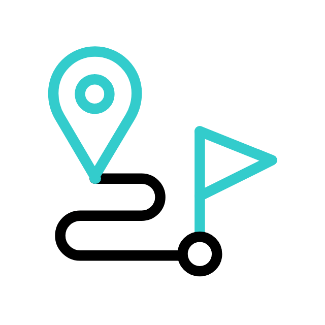 A stylized map with a winding black path, a teal location pin at the starting point, and a teal flag at the destination.