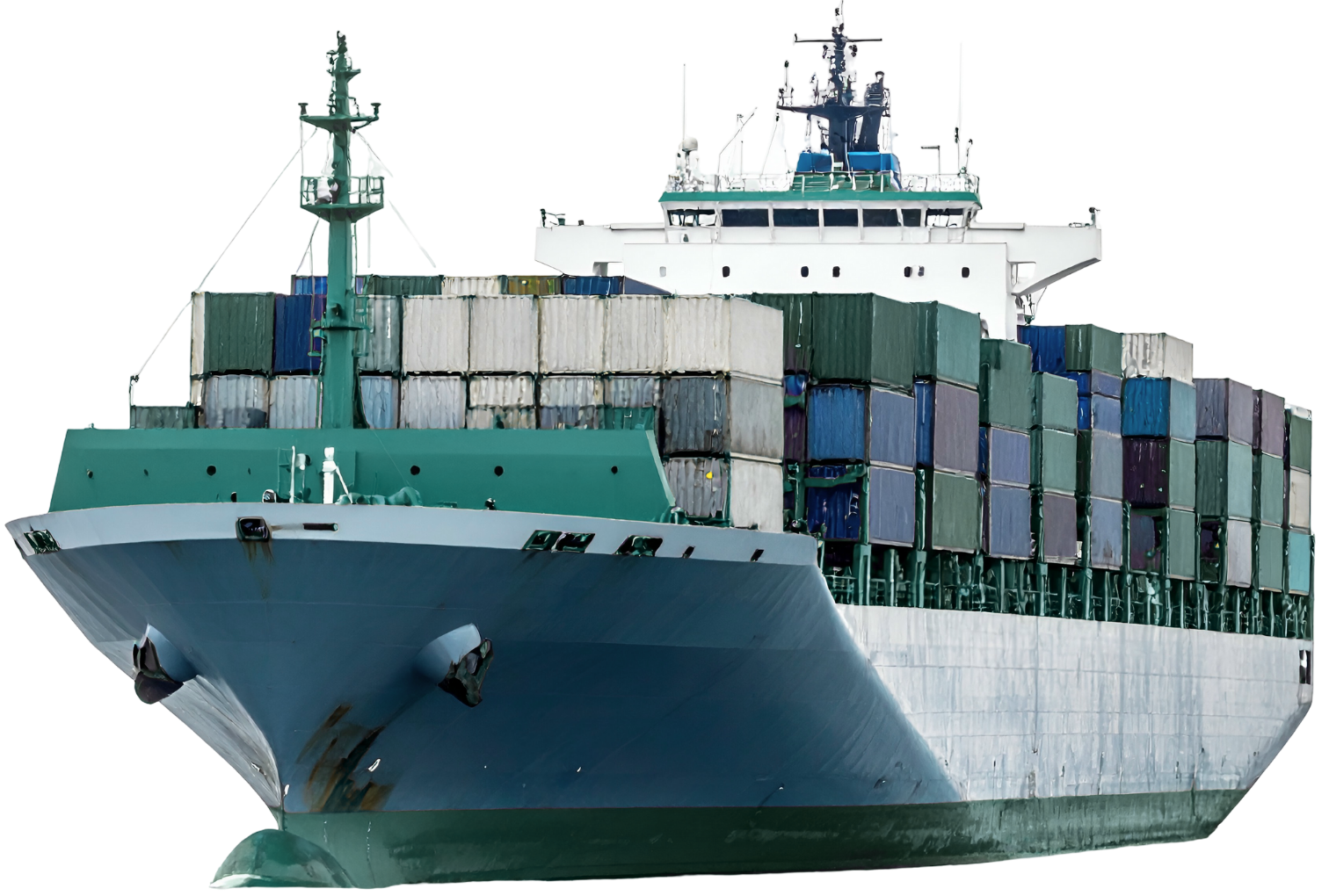 Cargo ship carrying numerous shipping containers on the deck, with a white superstructure, against a black background.