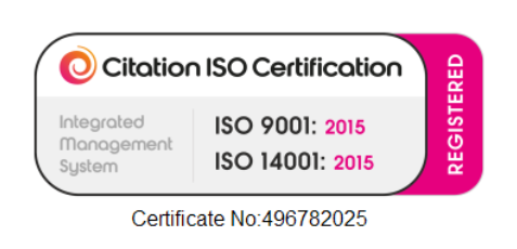 A certification badge labeled 'Citation ISO Certification' showing ISO 9001: 2015 and ISO 14001: 2015 standards, with a registration number 496782025.