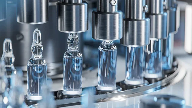 Close-up of glass vials being filled in a pharmaceutical manufacturing process.