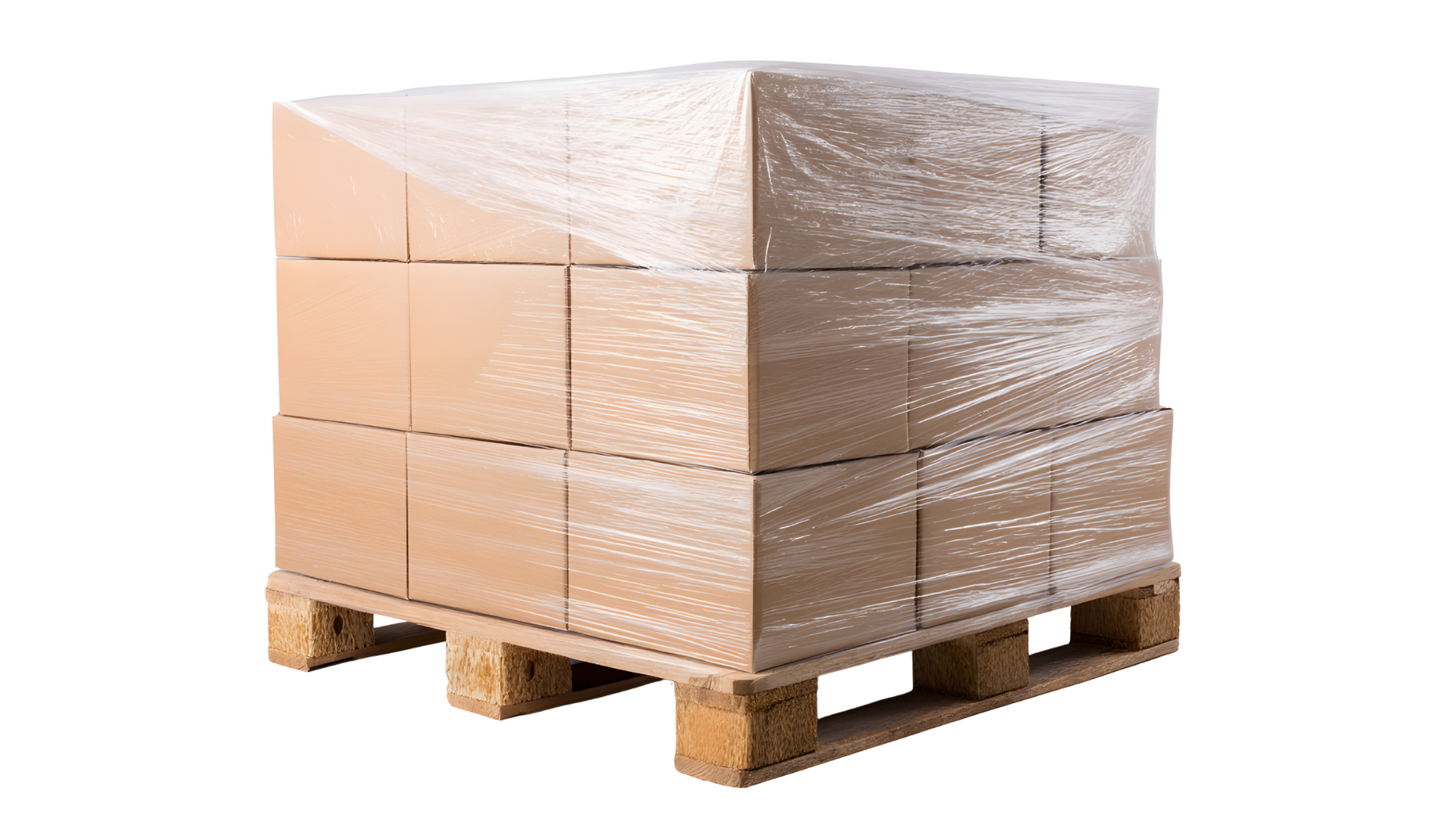Stack of cardboard boxes wrapped in plastic on a wooden pallet.