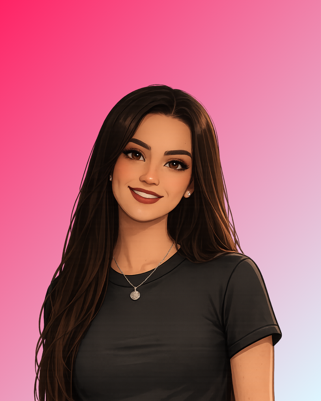 A young woman with long brown hair, wearing a black top and jewelry, smiling against a pink and purple gradient background.