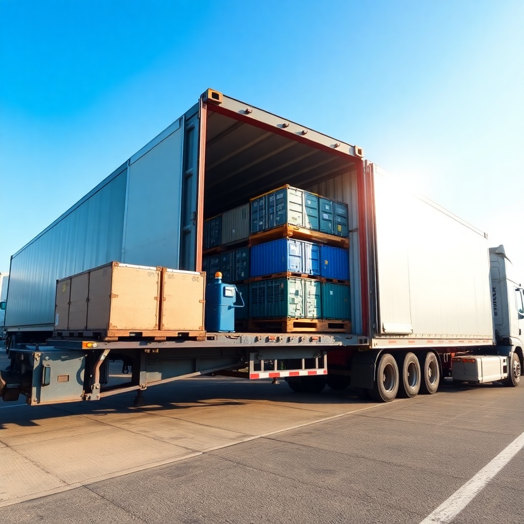 A semi-truck with an open trailer showing stacked shipping containers and wooden crates.