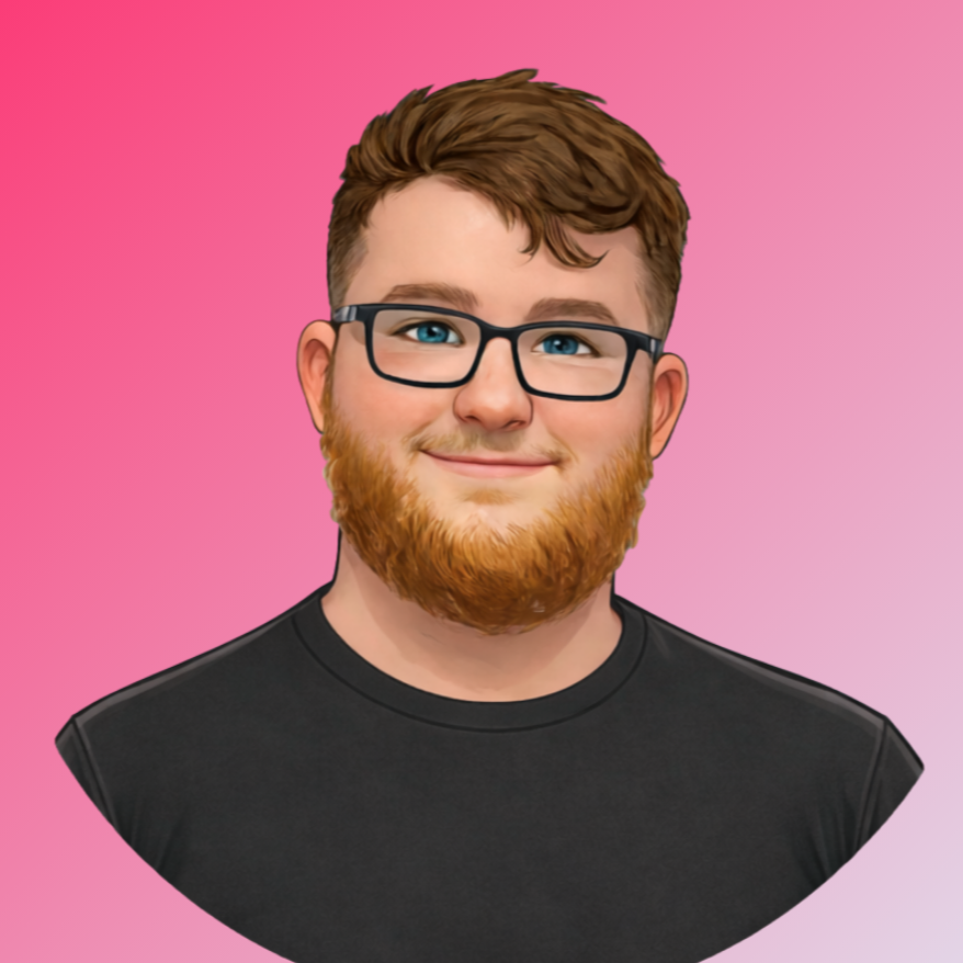 Portrait of a young man with glasses, a beard, and short hair, smiling, against a pink gradient background.