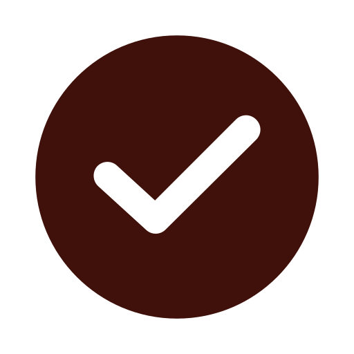 A checkmark inside a dark brown circle.