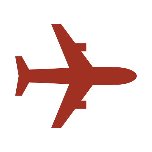 A brown airplane icon on a black background.