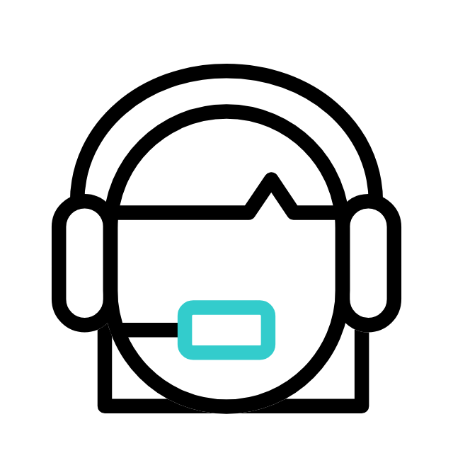 Line drawing of a person's face wearing a headset with a microphone.