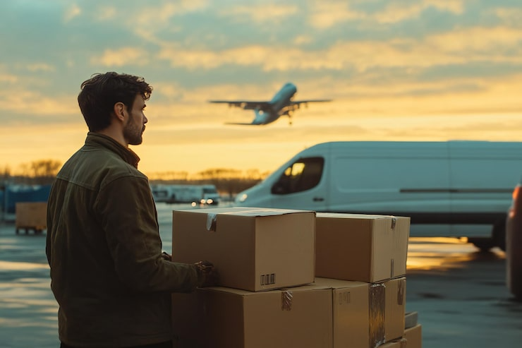 A man holding boxes at an airport runway with an airplane taking off in the sunset background.
