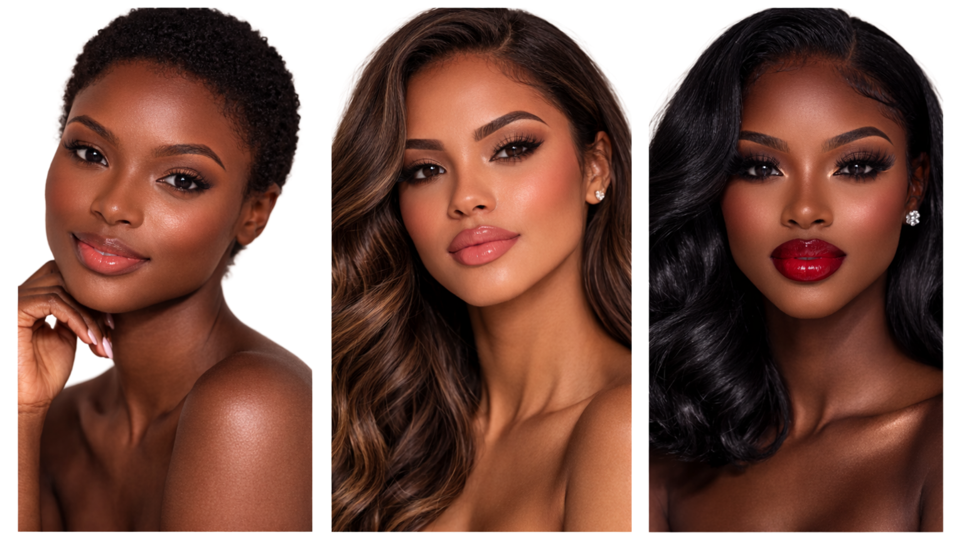 A triptych of three women, each with different skin tones and hair styles, posing for beauty portraits. The first woman has short, curly hair and a warm skin tone. The second woman has long, wavy brown hair and a medium skin tone. The third woman has long, straight black hair and a dark skin tone, with bold red lipstick.