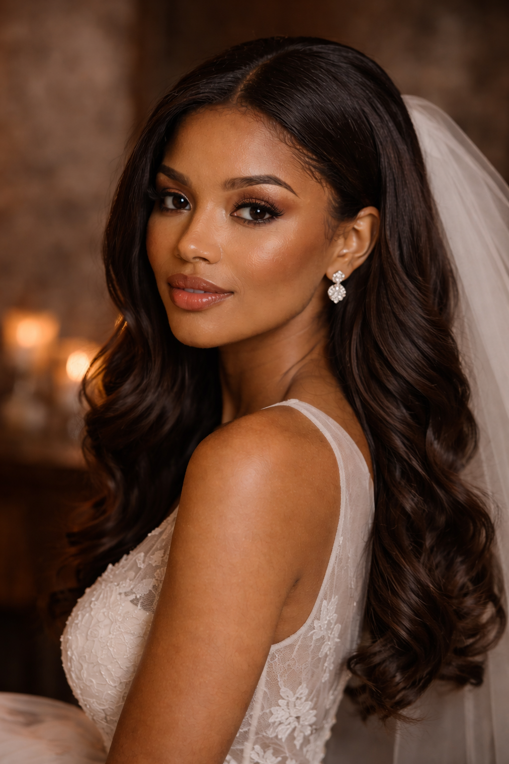 A bride with long, wavy dark hair and diamond earrings, wearing a lace wedding dress and veil, looking at the camera inside a warmly lit room.
