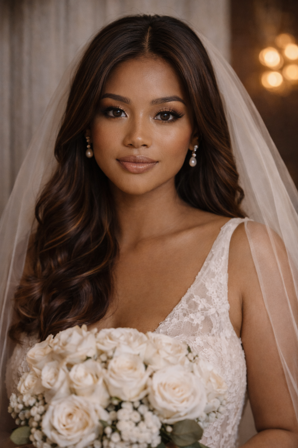 A bride with long, wavy brown hair, wearing pearl earrings and a lace wedding dress, holding a bouquet of white roses and baby's breath.