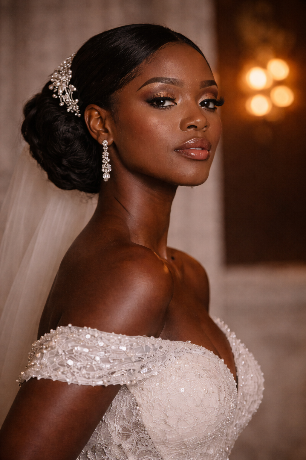 Close-up portrait of a bride with dark skin, styled hair with a jeweled hairpiece, wearing drop earrings, in a strapless lace wedding gown with beaded embellishments, standing indoors with warm lighting.