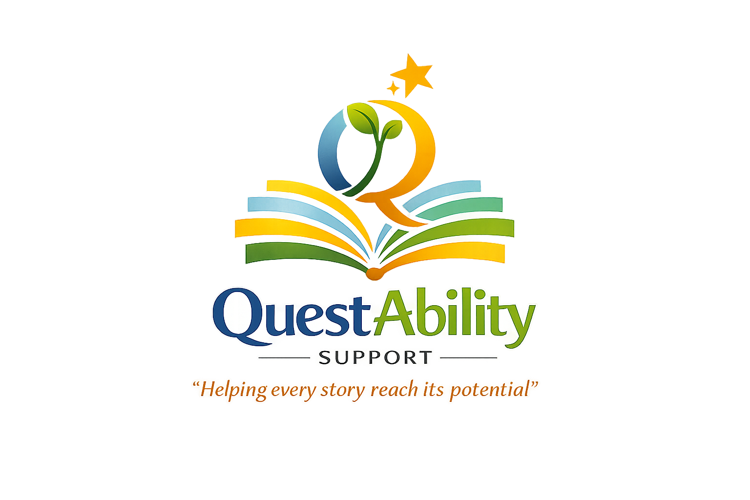 Colorful logo with an open book, a star and a sprouting plant above it, with the text 'QuestAbility Support' and the tagline 'Helping every story reach its potential'
