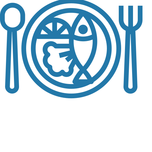 Icon of a plate with a fork and spoon on either side, containing a lemon wedge, a glass of drink, and a piece of chicken, representing a meal or dining setting.