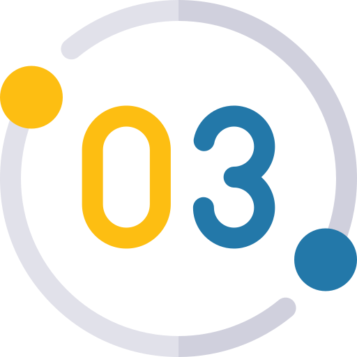 The image features the number 03 in yellow and blue within a circular design, with two small dots, one yellow and one blue, outside the circle.
