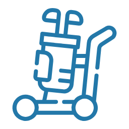 A simple blue line drawing of a stroller with a small gift box on top