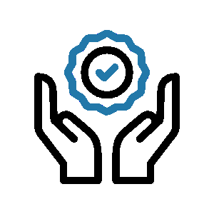 Two hands cupping or supporting a checkmark inside a shield or badge symbol, representing protection or trust.