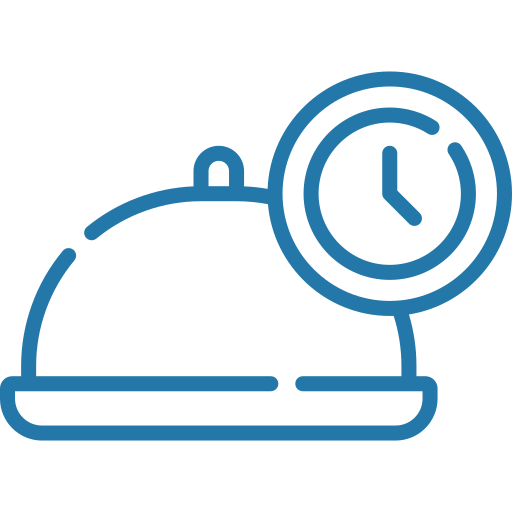 An illustration of a cloche food cover with a clock, indicating timed food service.